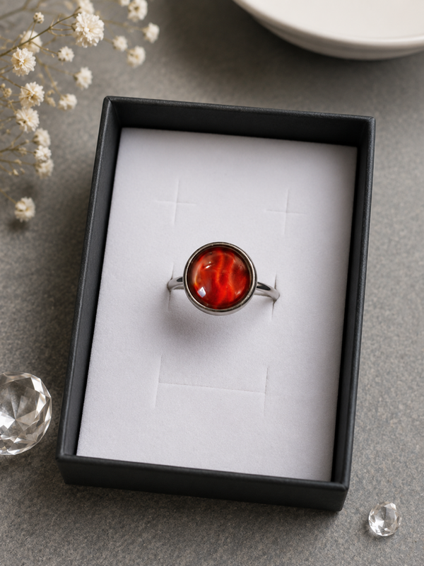 Ring „Feuerseele“ – Handgefertigter verstellbarer Cabochon-Ring in Rot