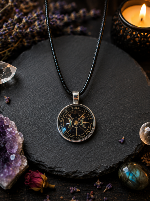 Cabochon-Halskette „Triple Moon Kompass“ – Mystischer Glascabochon mit Lederband | Spiritueller Schmuck