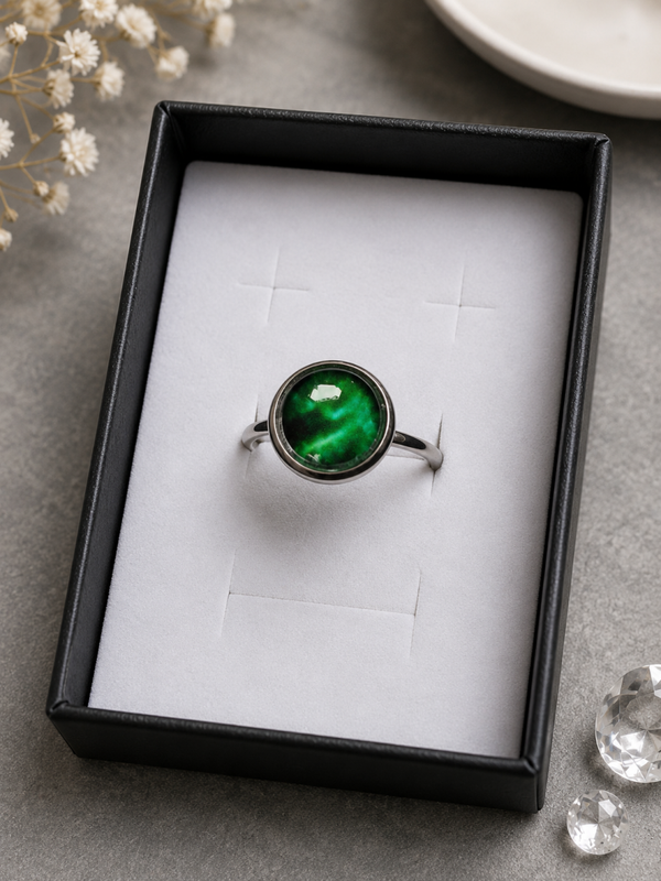 Verstellbarer Cabochon-Ring „Smaragdnebel“ – Handgefertigter Ring in Grün