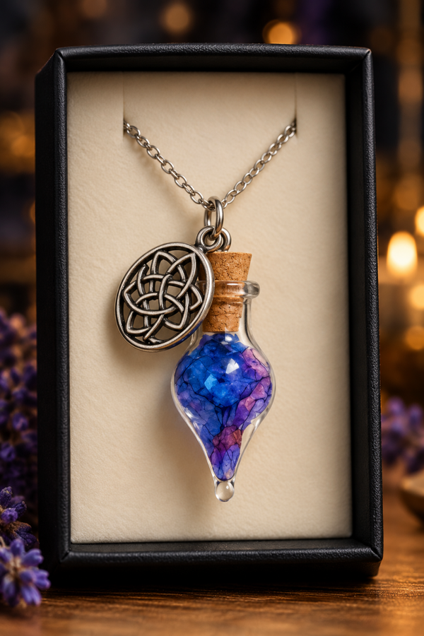 💙 Phiole des Schutzes & der Balance – Mystische Ritualsalz-Kette mit Charm