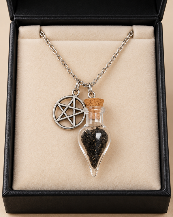 🔮 Phiole des Schutzes – Mystische Ritualsalz-Kette mit Pentagramm | Edelstahl 50 cm