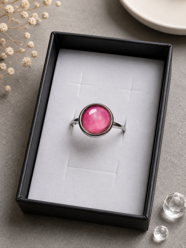 Verstellbarer Ring „Aurorablüte“ – Handgefertigtes Cabochon in leuchtendem Pink
