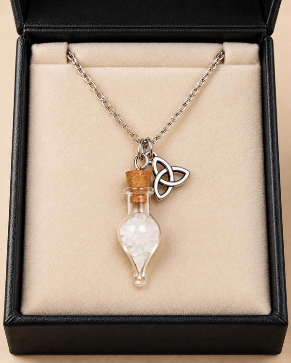 🤍 Phiole der Reinigung – Mystische Ritualsalz-Kette mit Triquetra