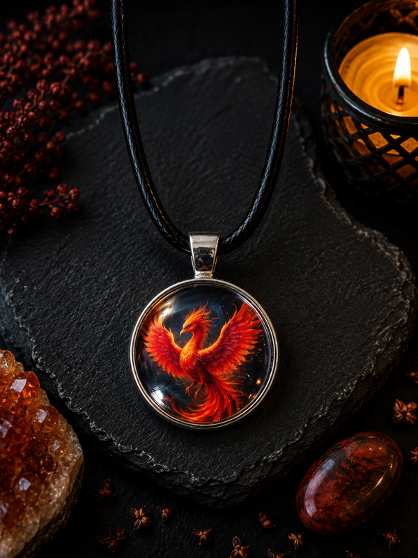 Cabochon Halskette „Phönix“ – Mystischer Feuervogel-Anhänger mit Glas-Cabochon | Fantasy Schmuck