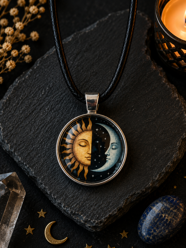 Cabochon Halskette „Sonne & Mond“ – Mystischer Glas-Cabochon Anhänger | Celestial Schmuck
