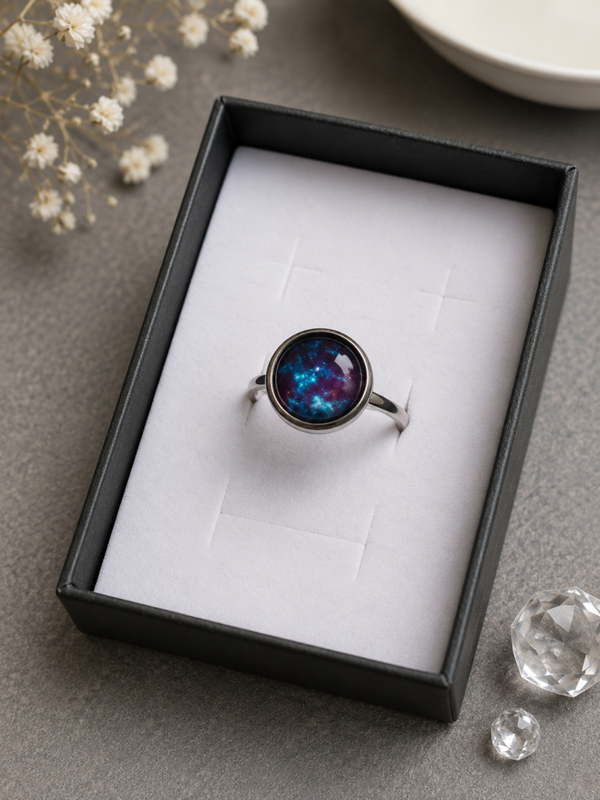 Verstellbarer Galaxie-Ring „Sternennebel“ – handgefertigter Cabochon-Ring mit kosmischem Motiv