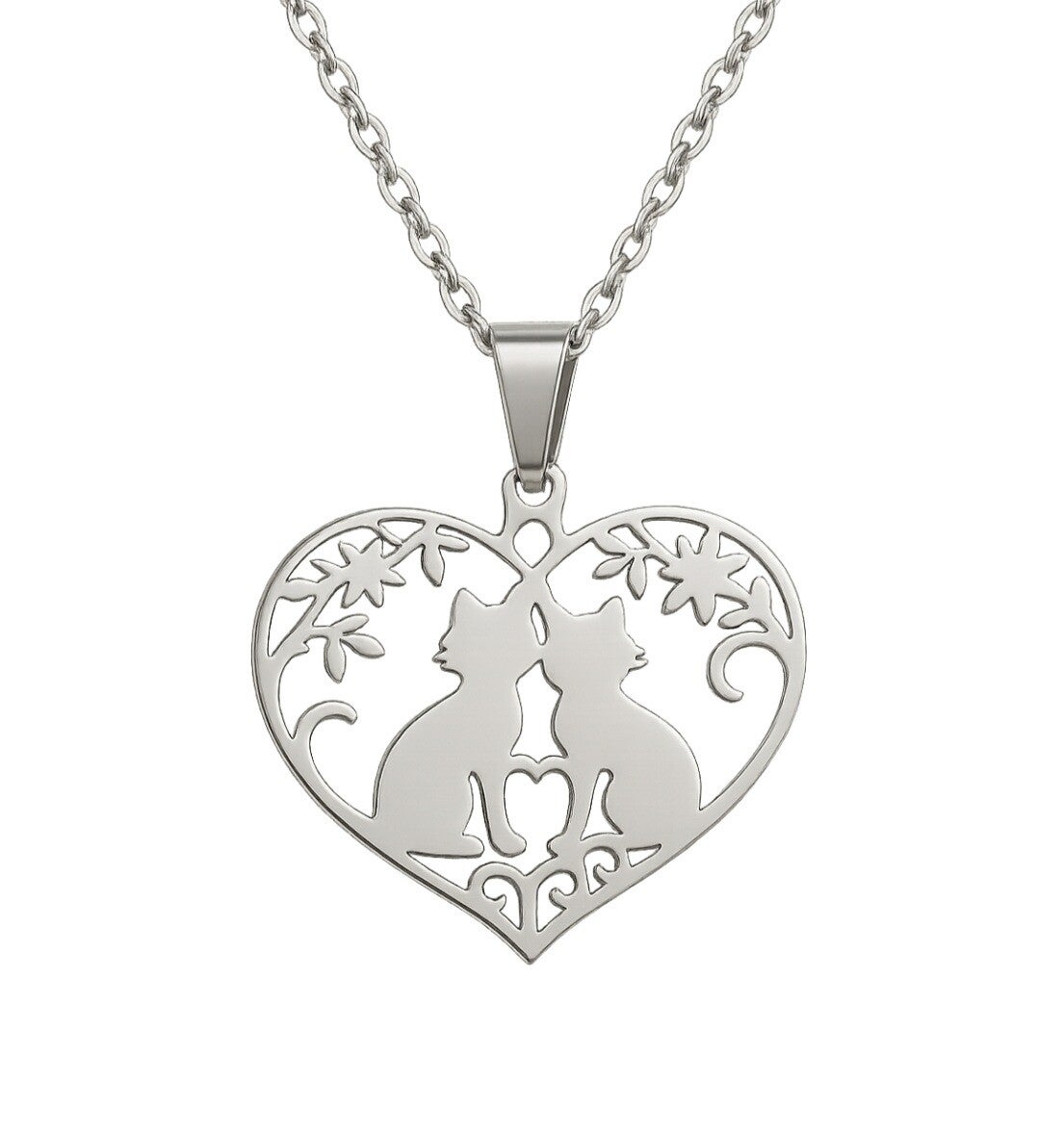 Edelstahl Herz-Katzenkette – filigraner Katzenanhänger in Herzform | 50 cm Silberkette