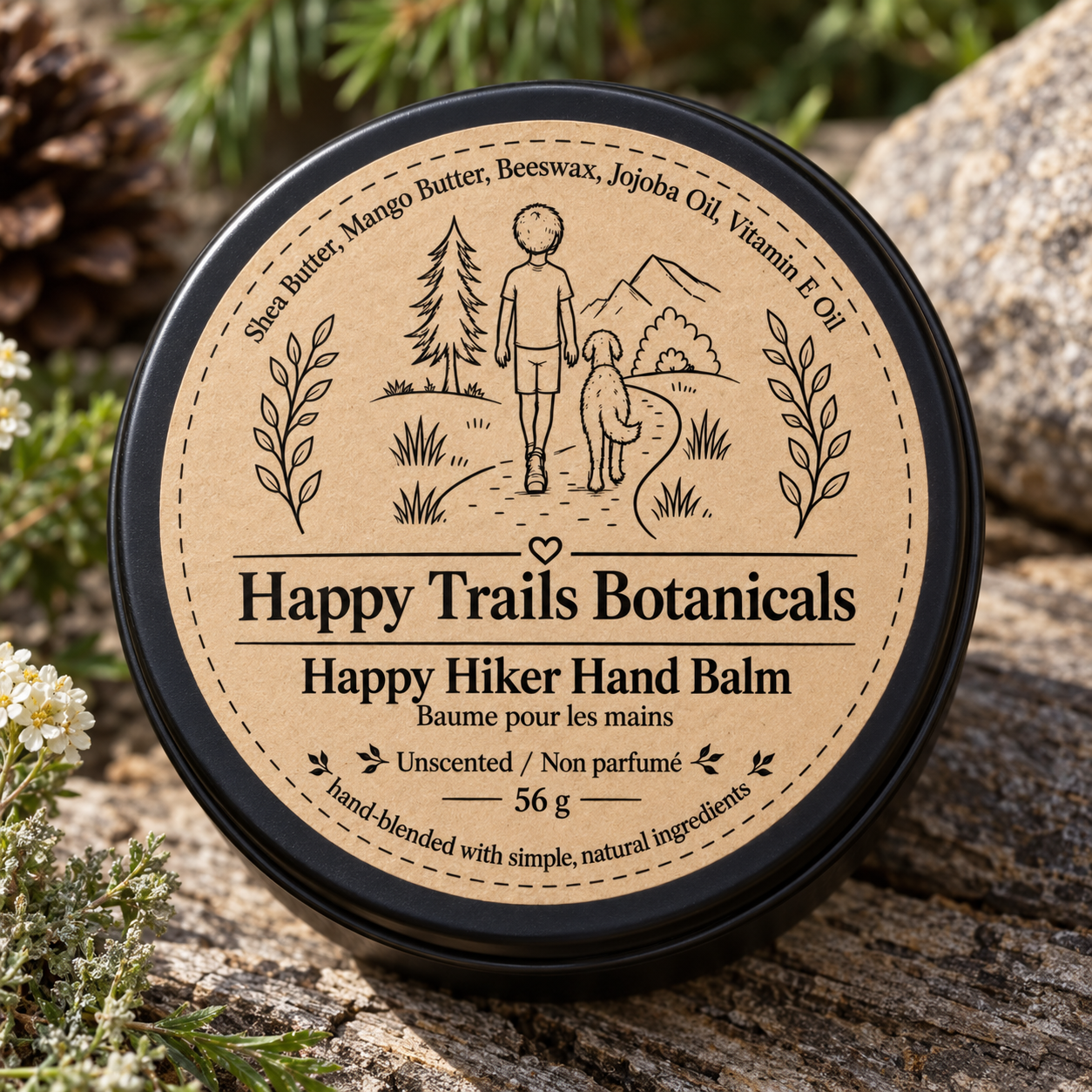 Happy Hiker Hand Balm - Scented/Unscented - 2 oz tin