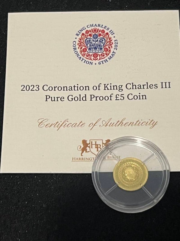 2023 Coronation of King Charles 111 Pure 24 Carat Gold Proof £5 Coin.