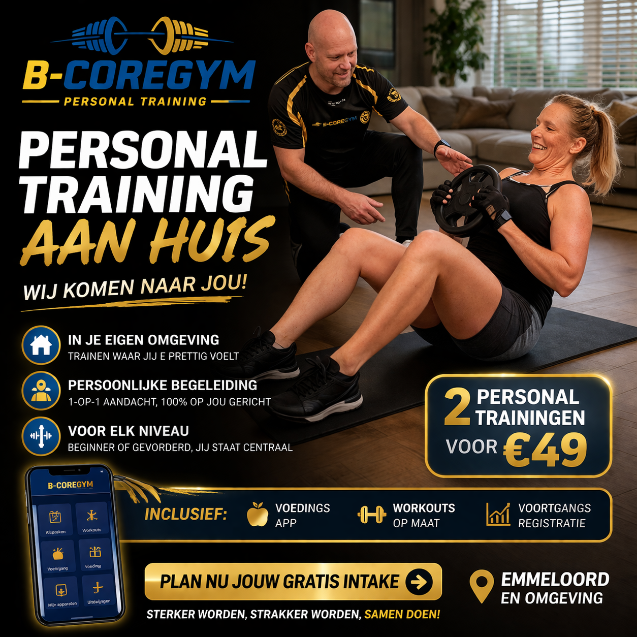 Wij geloven dat sporten leuker én makkelijker vol te houden is als je het samen doet. Daarom hebben we een uniek aanbod: bij B-coregym sport de tweede persoon altijd gratis mee! Of dit nu je partner, een vriend of familielid is.