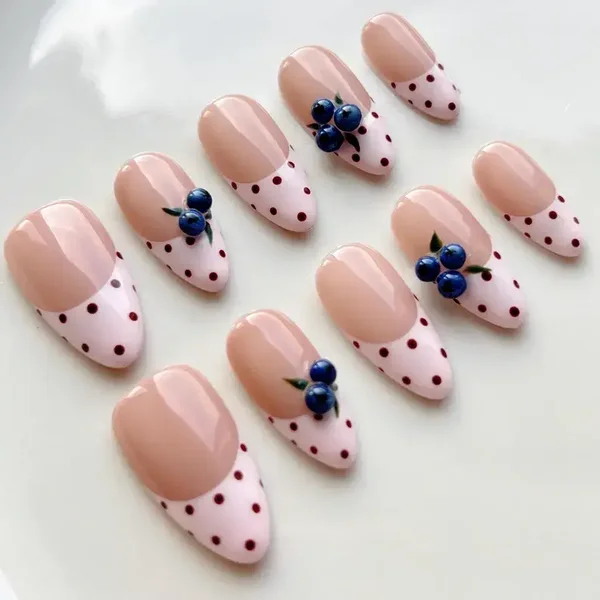 pink and brown polka dot blueberry nails