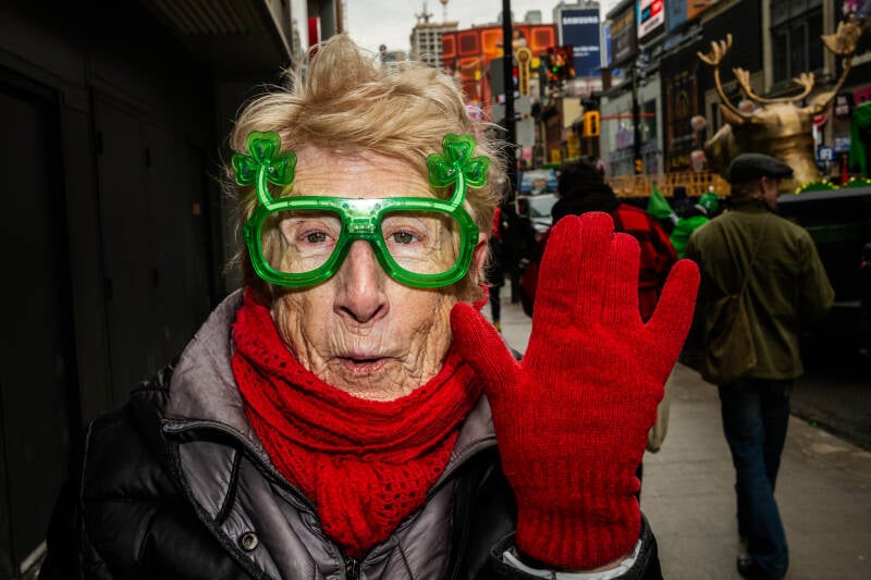 A Bruce Gilden style Street Portrait in Toronto during St. Patricks parade