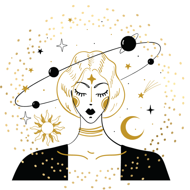 image représentant une femme oréolée de planètes et entouré du système solaire