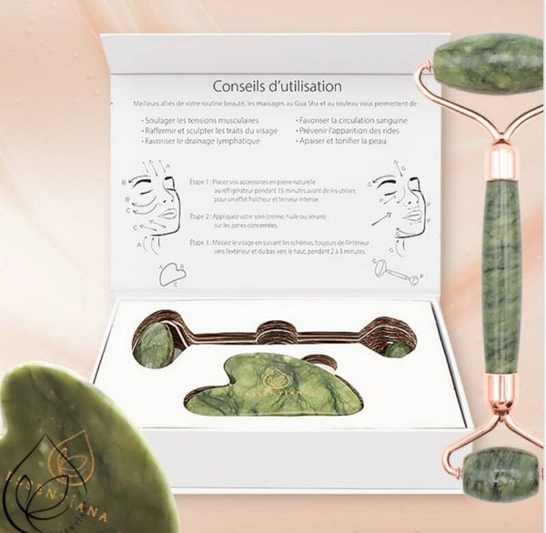 COFFRET ROULEAU DE MASSAGE ET GUA SHA - JADE NÉPHRITE