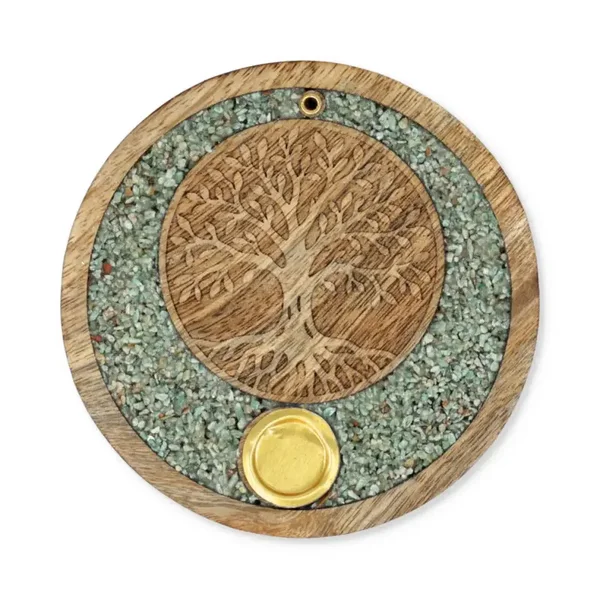 Support rond en bois de manguier pour bâtonnets et cônes d’encens, avec éclats d’amazonite et motif arbre de vie en laiton.