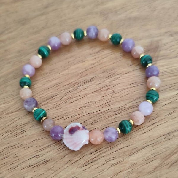 Bracelet en lépidolite, malachite et pierre de soleil