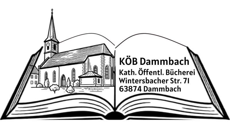 Neues Logo der Bücherei Dammbach mit der Kirche St. Valentin in Wintersbach auf einem offenen Buch, daneben die neue Adresse der Bücherei.