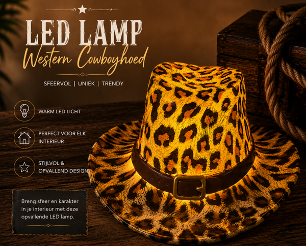 Leopard Print LED Cowboy Hat Statue – Decorative Ornament with Light – 17.5 x 16.2 x 9.3 cm