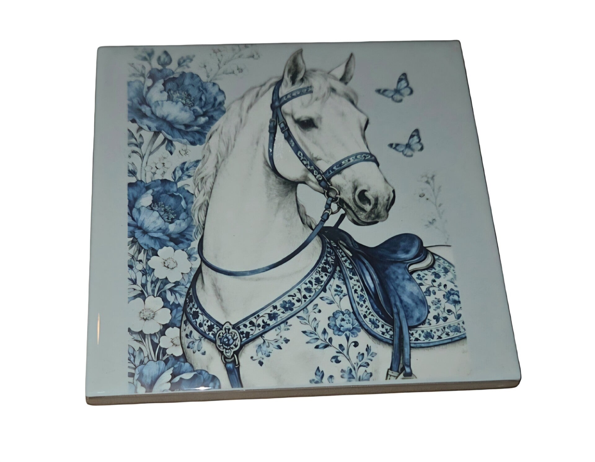 Tegeltje delftsblauw paard wit