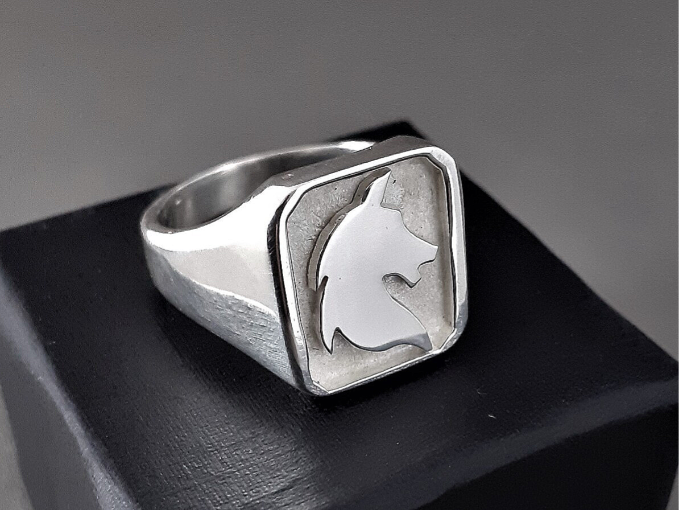Een zilveren zegelring met een paardenkop in het midden.