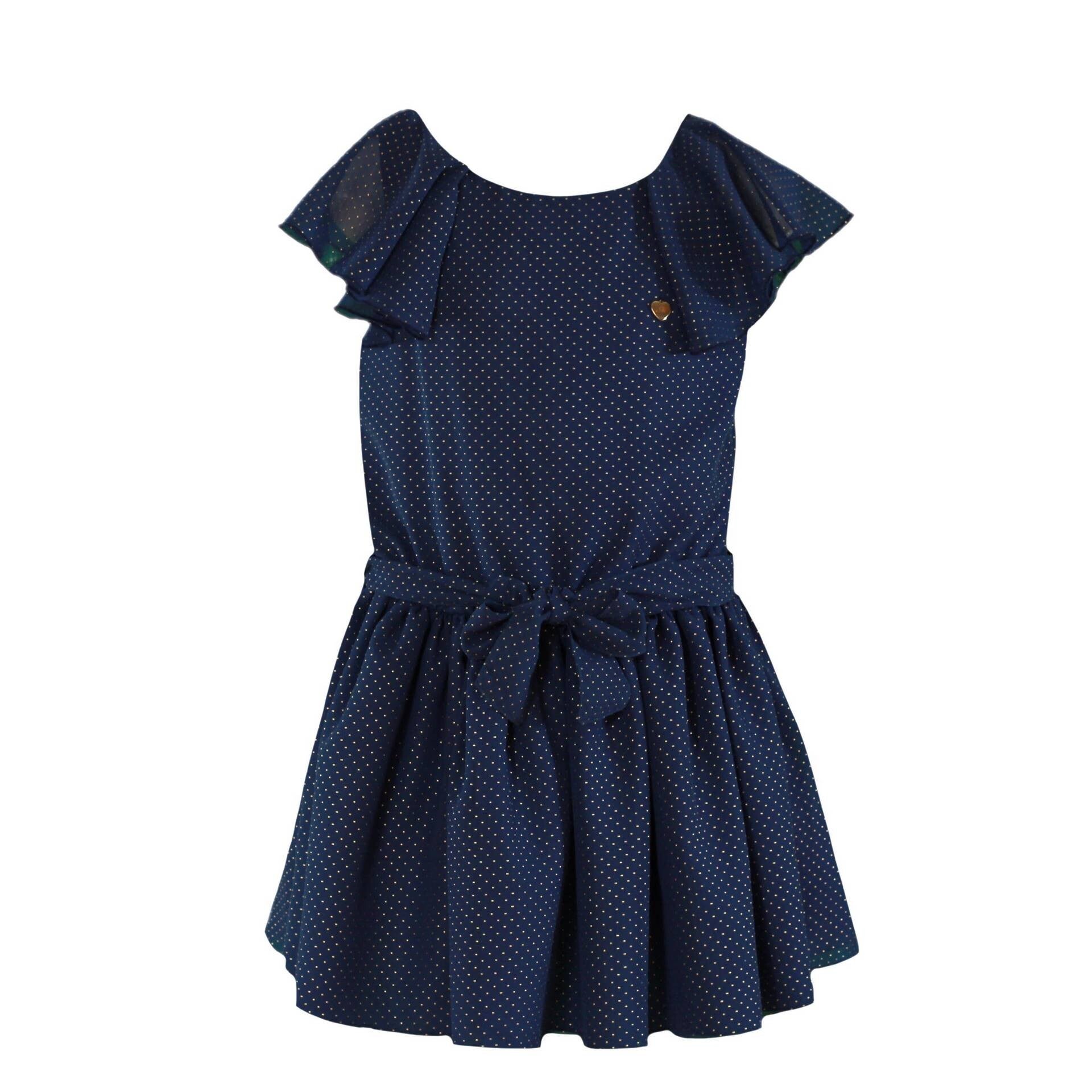 Vestido azul marino con topitos dorados. MIRANDA