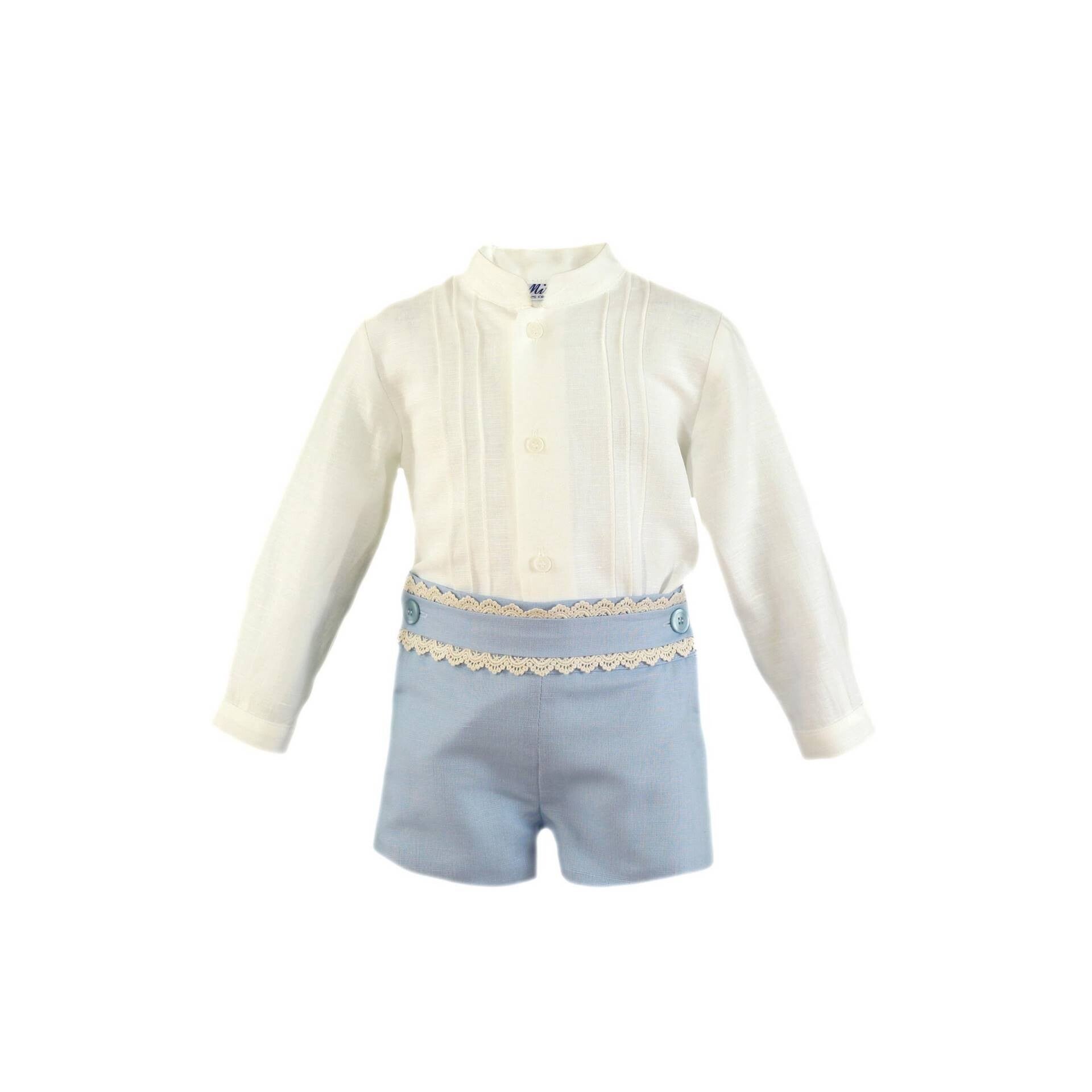 Conjunto ceremonia de bebé con camisa cuello mao y pantalón azul. MIRANDA