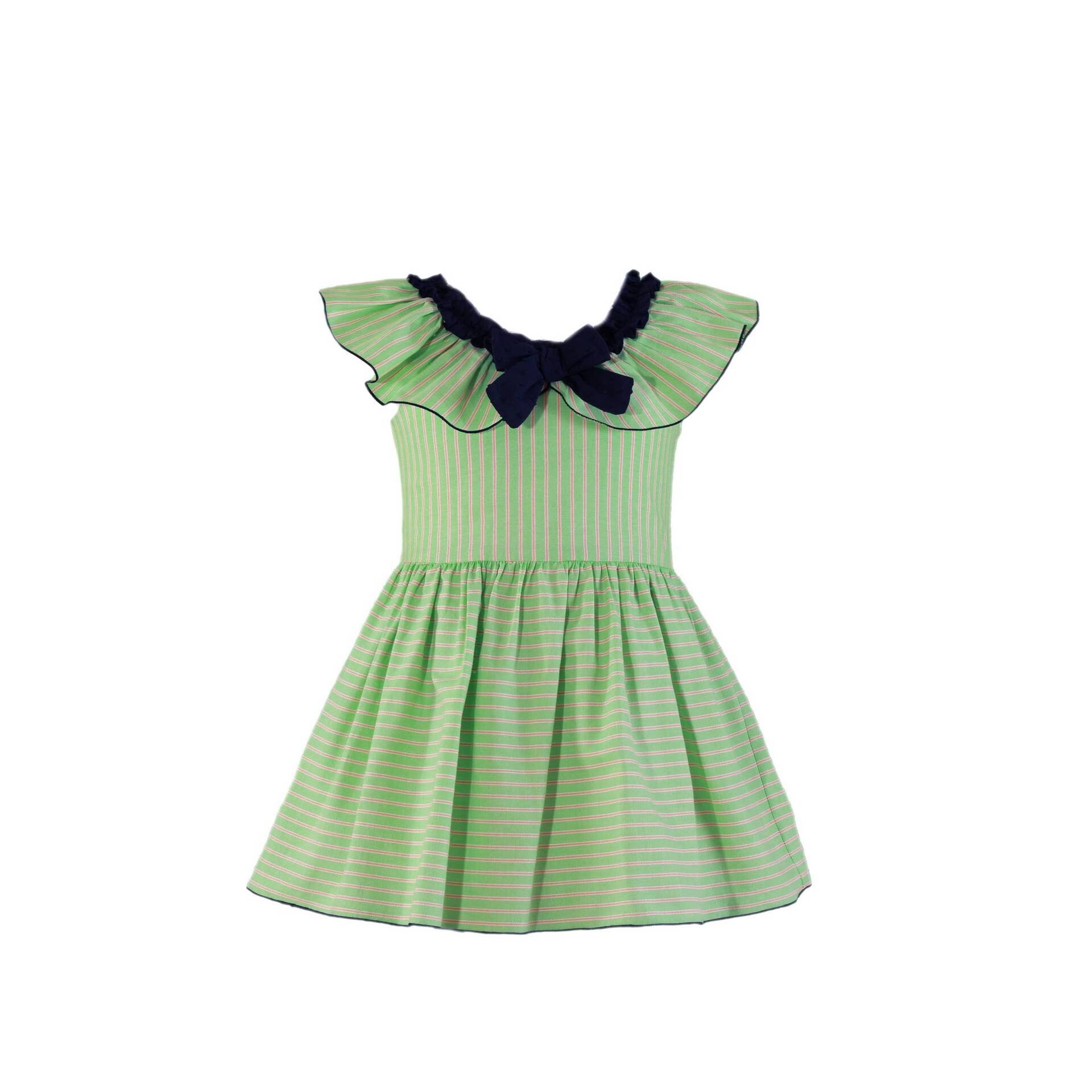 Vestido infantil de rayas verdes escote de volante.MIRANDA