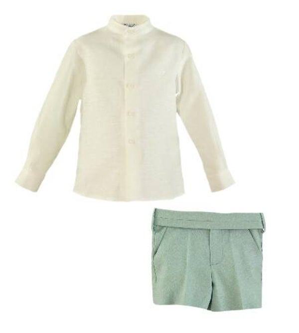 Conjunto ceremonia de camisa cuello mao y pantalón verde con fajín. MIRANDA