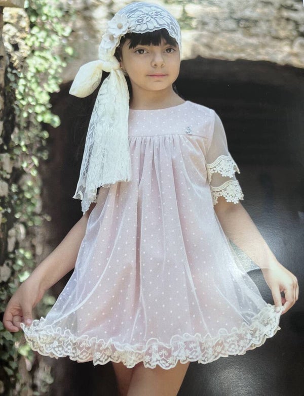 Vestido ceremonia de tul plumeti y encaje en rosa claro. MIRANDA