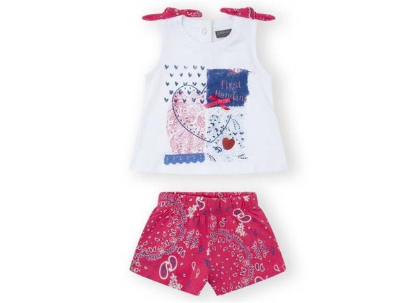 BEBE niña. Conjunto camiseta tirantes y short estampado fucsia CANADA HOUSE HOUSE