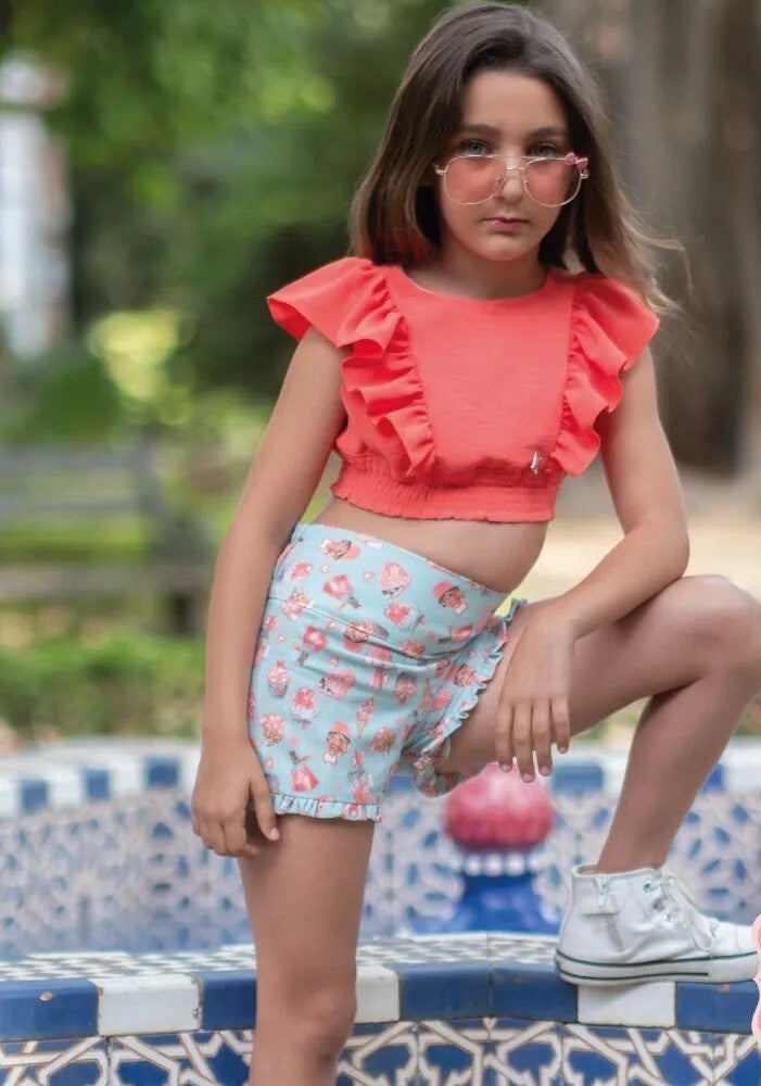 Conjunto niña de top coral y short VERA