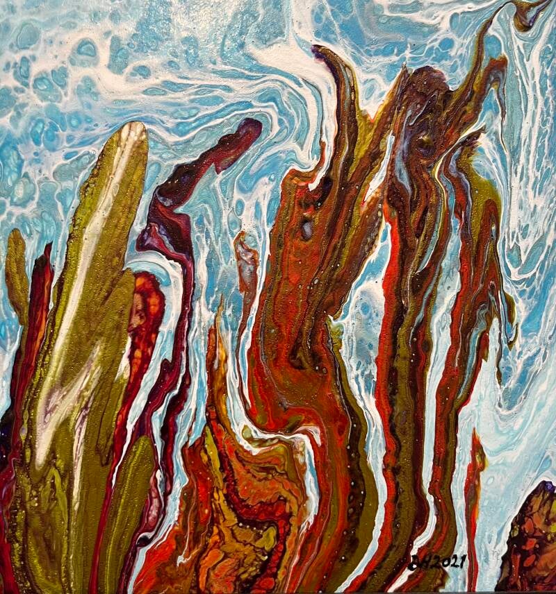 Detail Seegras das im Wasser schwingt blau rot kupfer gold grün
