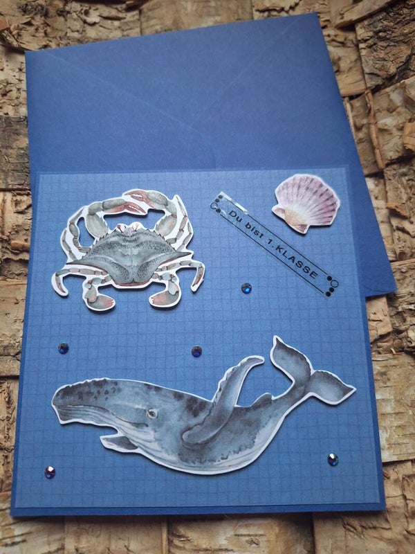 Einschulugskarte, Du bist 1.Klasse, Maritime Karte zur Einschulung, Grußkarte mit einem Wal und Krabbe