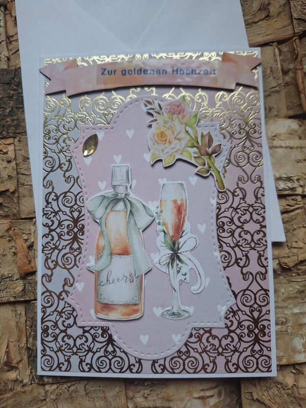 Grußkarte zur goldenen Hochzeit, goldene Hochzeitskarte, Karte, rose, edel