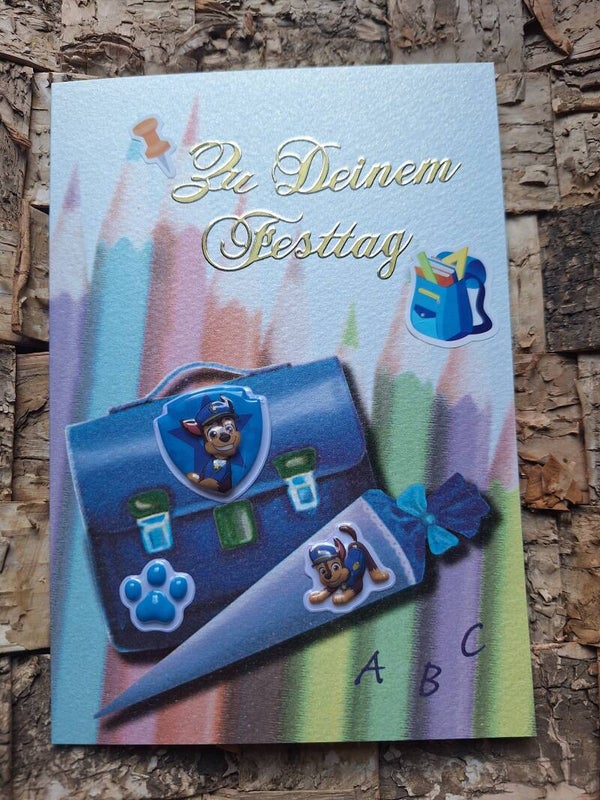 Schöne Einschulungskarte für Jungs, Einschulung, Schulanfang, Schulstart ,1. Klässler, PAW Patrol, Blautöne