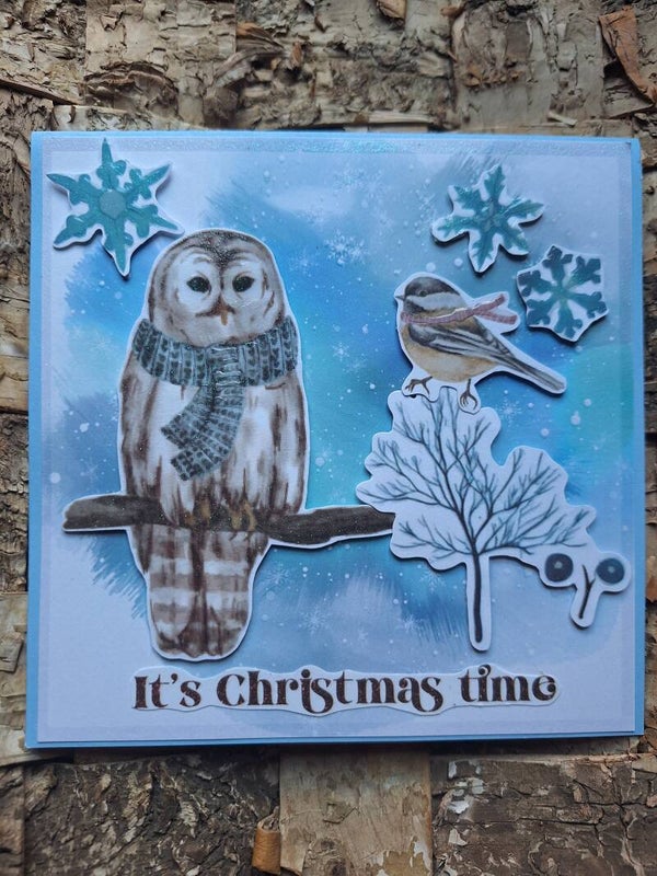 Wunderschöne 3D Weihnachtskarte, Grußkarte zu Weihnachten in Blautönen, Liebevolle Handarbeit, Eule, Vogel