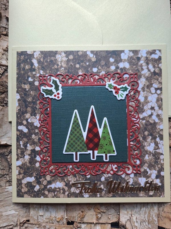Schöne Weihnachtskarte, Grußkarte zu Weihnachten, Tannenbäume, liebevolle Handarbeit