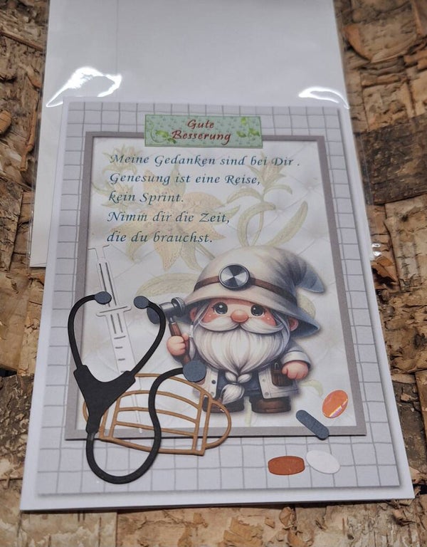 Gute Besserung Karte, Grußkarte zur Genesung, Genesungskarte, Spruchkarte, Gnom/Zwerg/Wichtel, liebevolle Handarbeit
