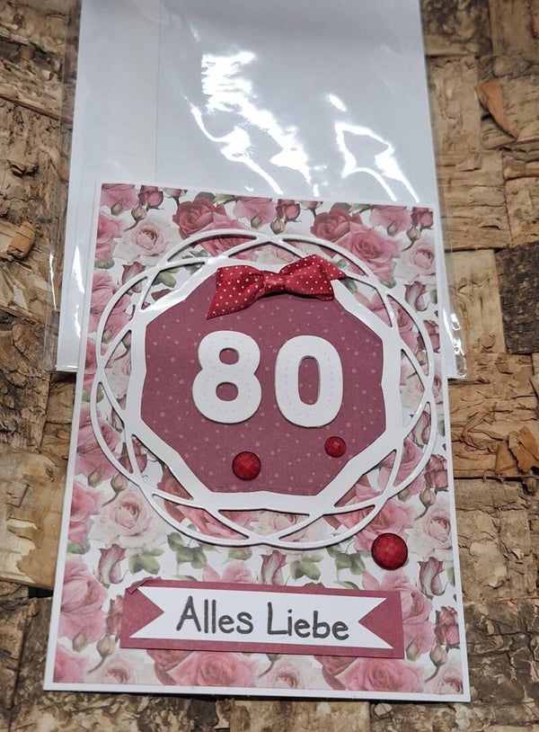 Grußkarte zum 80. Geburtstag, Karte, Geburtstagskarte zum 80., floral, rot, Liebevolle Handarbeit