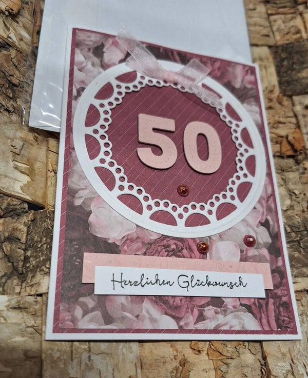 Grußkarte zum 50. Geburtstag. Geburtstagskarte, Karte zum 50., Rot, floral, liebevolle Handarbeit