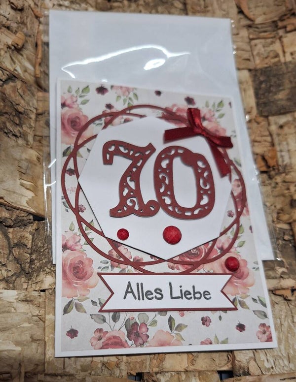 Grußkarte zum 70. Geburtstag, Geburtstagskarte zum70., Karte, floral, rot, liebevolle Handarbeit