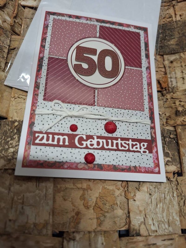 Grußkarte zum 50.Geburtstag, Geburtstagskarte zum 50., Karte, Rot, liebevolle Handarbeit