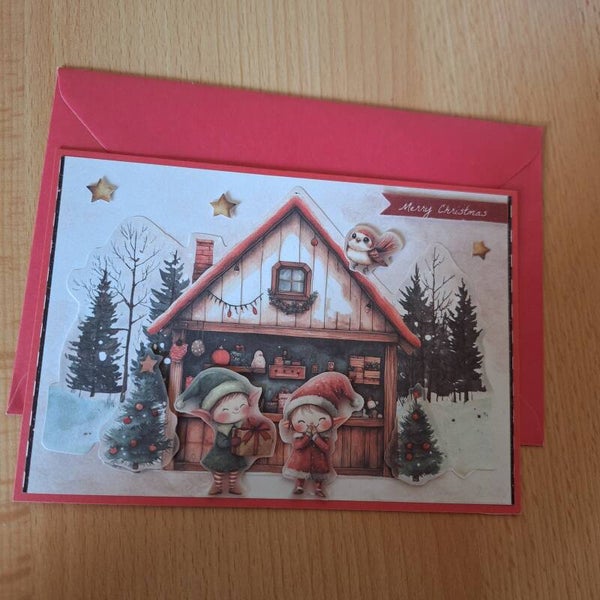 Weihnachtskarte,  Grußkarte Zu Weihnachten,  3D Karte, Weihnachtsmotiv, Wichtel, Tannenbäume