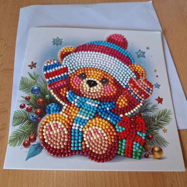 Grußkarte zu Weihnachten,  Weihnachtskarte, Teddybär Karte, Weihnachtszeit, Karte, fertige Diamond Painting Karte