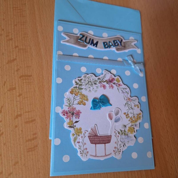 Baby Karte, Grußkarte zur Geburt,  Karte zum Neugeborenen, blau, Wiege
