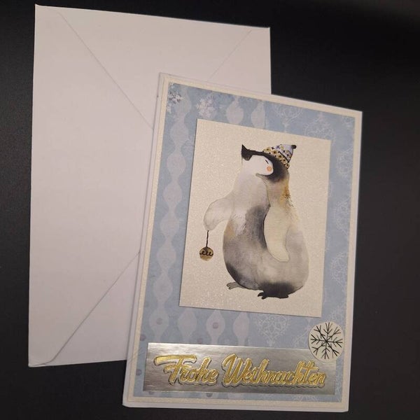 Eine süße Weihnachtskarte mit einem herzigen Pinguin,  Weihnachtliche Karte, Grußkarte zum Weihnachtsfest, Weihnachtskarte