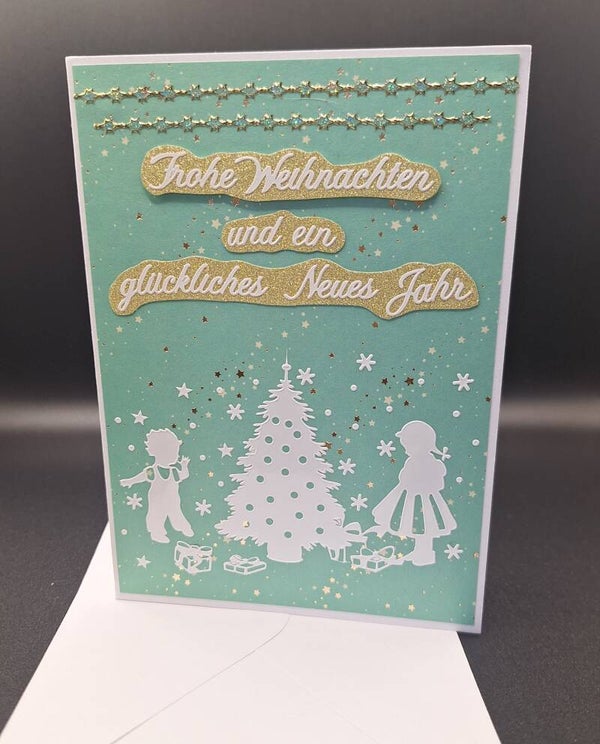 Schöne Grußkarte zu Weihnachten, Weihnachtskarte, Karte, Tannenbaum,  Kinder, Sterne