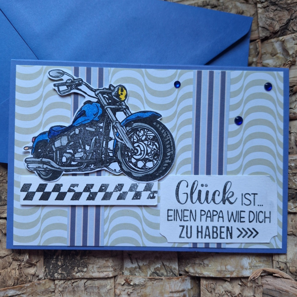 Vatertagskarte, Karte zum Vatertag, "Glück ist einen Papa wie dich zu haben", blau, Motorrad