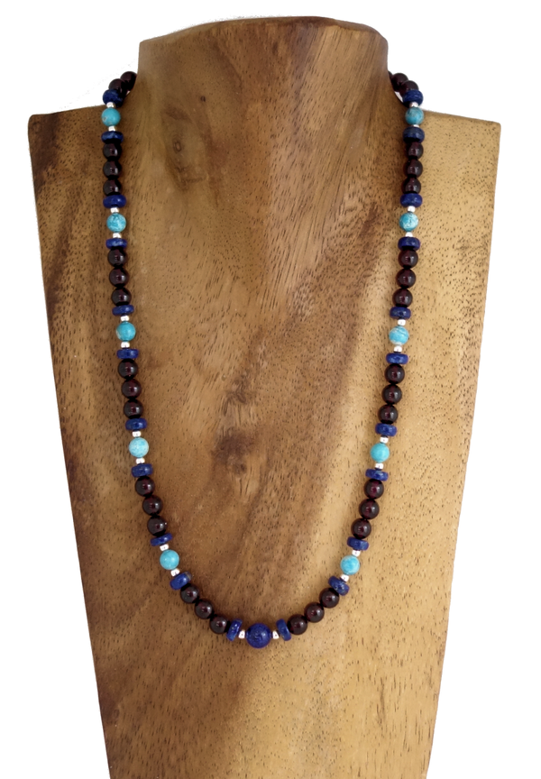 Halskette aus Granat, Lapislazuli Linsen, Türkis & Silber