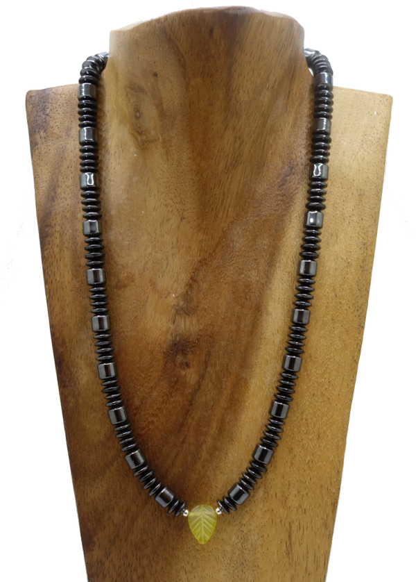 Lizardit Blatt matt, Hämatit & Silber Perlen 925er Halskette